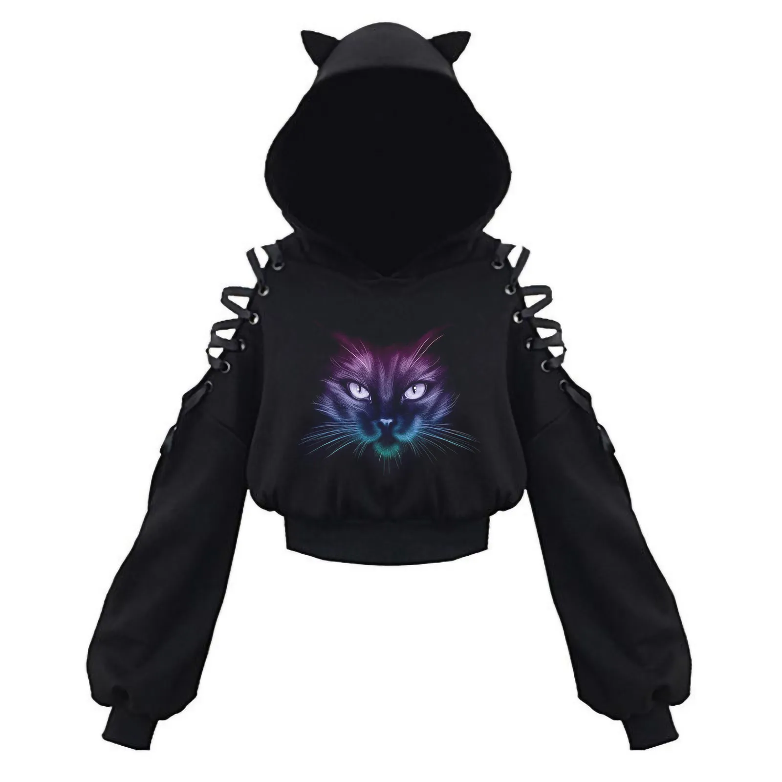 

Autumn and winter women's casual polyester женские свиеѬа cat ears cat print solid color long-sleeved hooded top cute F